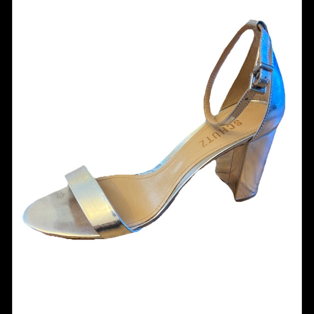 Schutz Silver metallic leather high Heel sandals Anna Lee sz 8.5